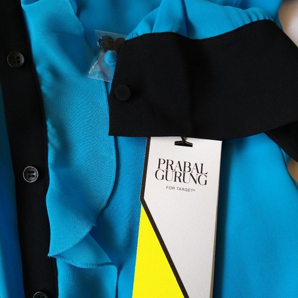 Prabel Gurung x Target blue long sleeve blouse w/black accents & ruffles Small - Picture 8 of 16